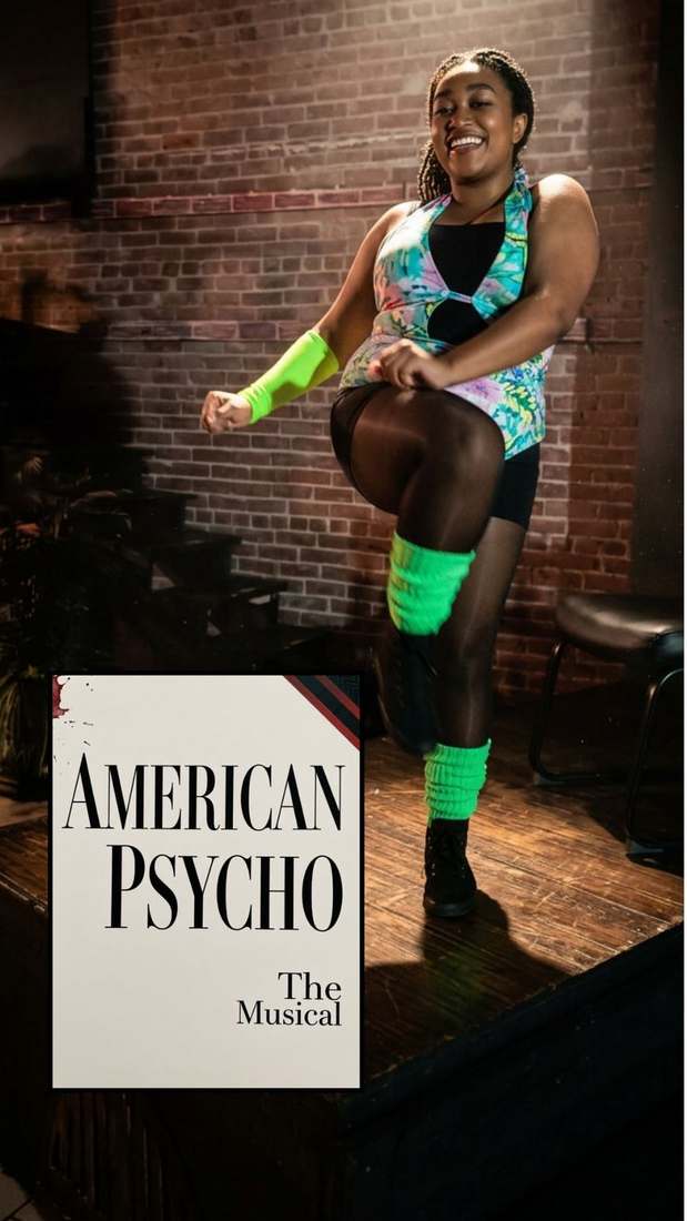 An American Psycho performer dancing in bright green leg warmers