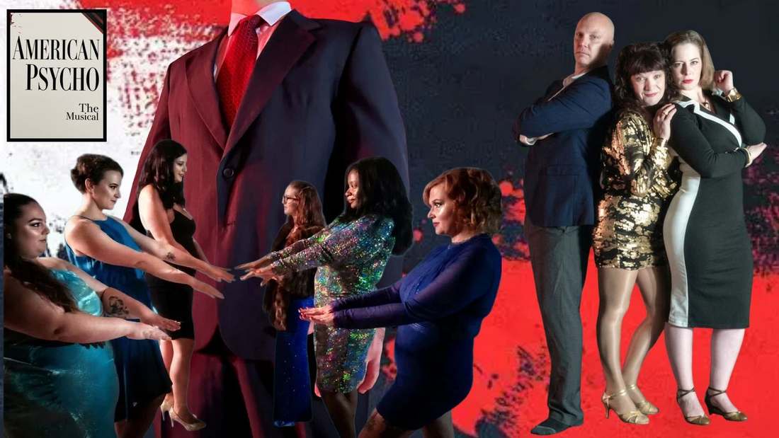 American Psycho cast members posed against a graphic red and black backdrop