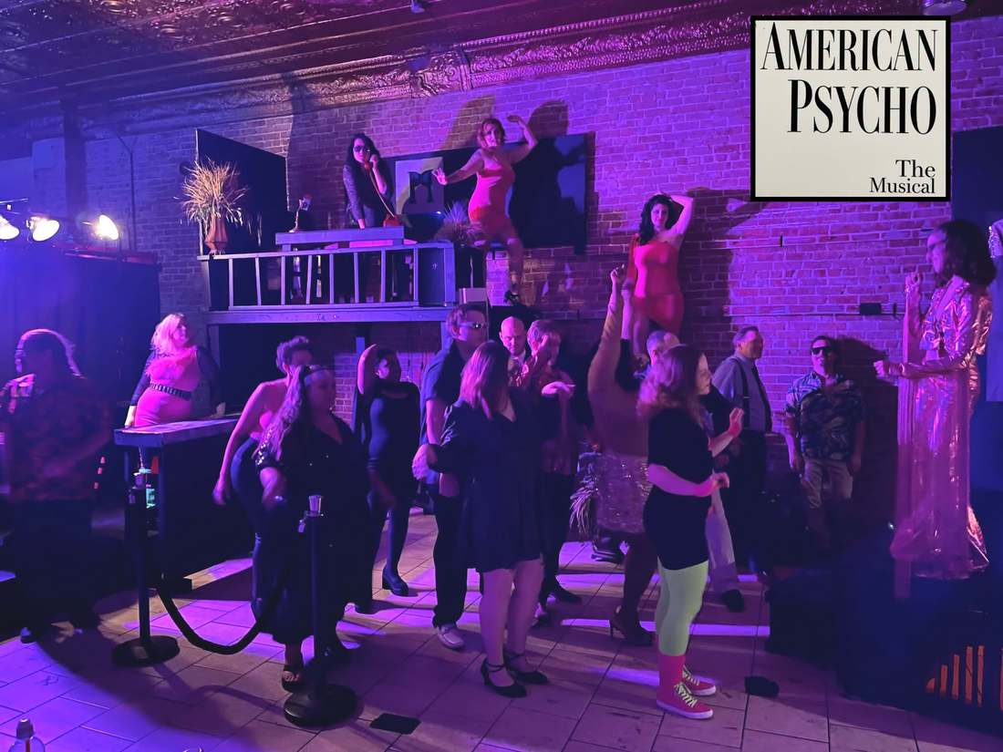 The American Psycho company filling the stage in purple light