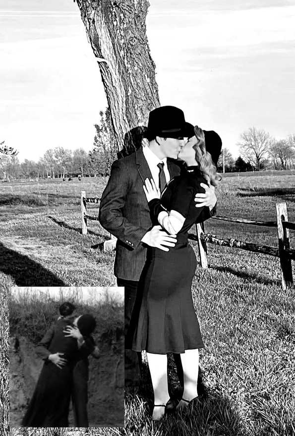 Bonnie and Clyde recreating their famous kiss beneath a tree, with the original 1930s photo inset (black and white)