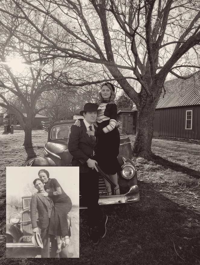 Bonnie and Clyde recreating their famous car portrait, with the original 1930s photo inset (sepia)