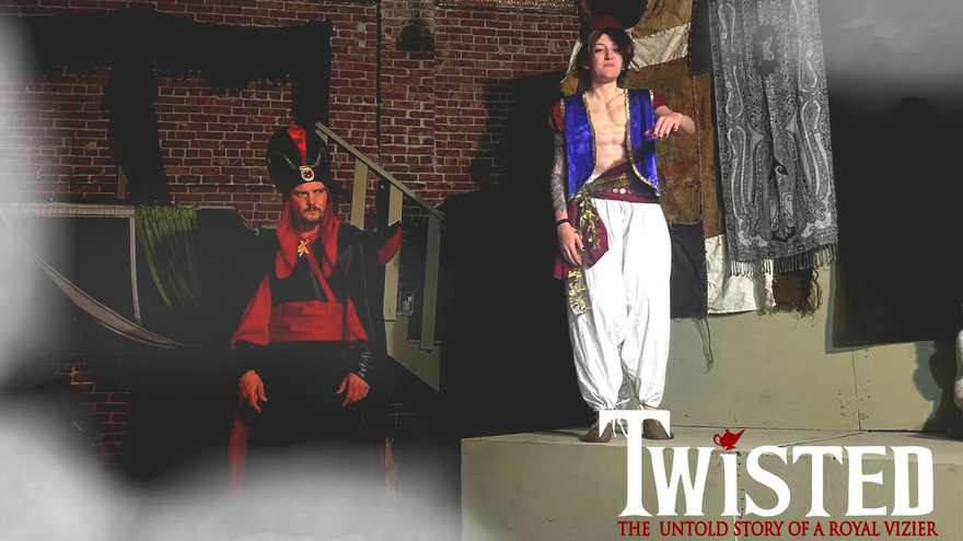 Twisted promo photo — the Vizier seated in shadow as the prince stands above him