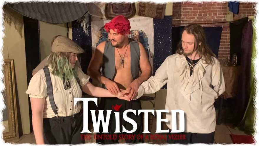 Twisted promo photo — three performers join hands in the marketplace