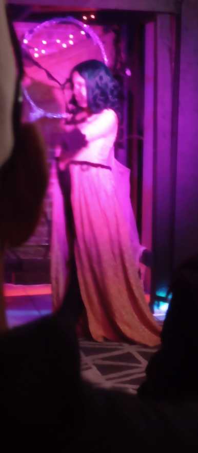 The performer in pink in profile against the glowing circular doorway