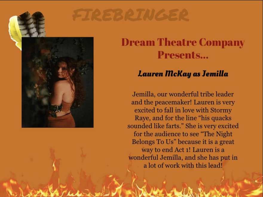 Firebringer cast announcement card for Jemilla, the tribe's leader and peacemaker, with her costume portrait