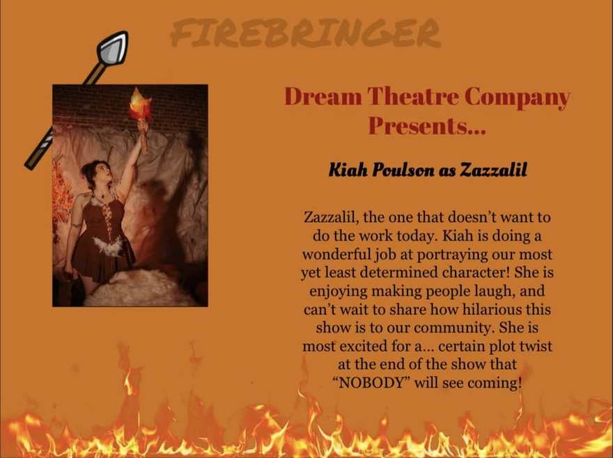 Firebringer cast announcement card for Zazzalil, raising her flame torch in her costume portrait