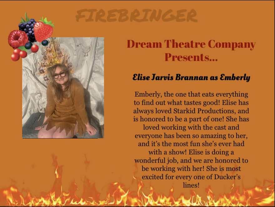 Firebringer cast announcement card for Emberly, with her costume portrait