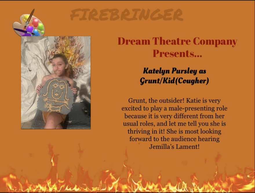 Firebringer cast announcement card for Grunt, the tribe's outsider, holding a decorated round shield