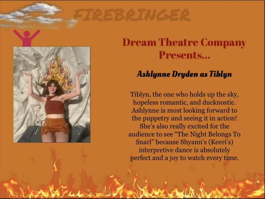 Firebringer cast announcement card for Tiblyn, who holds up the sky, arms raised in her costume portrait