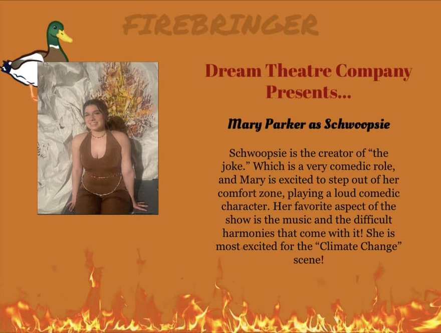 Firebringer cast announcement card for Schwoopsie, creator of the joke, with her costume portrait