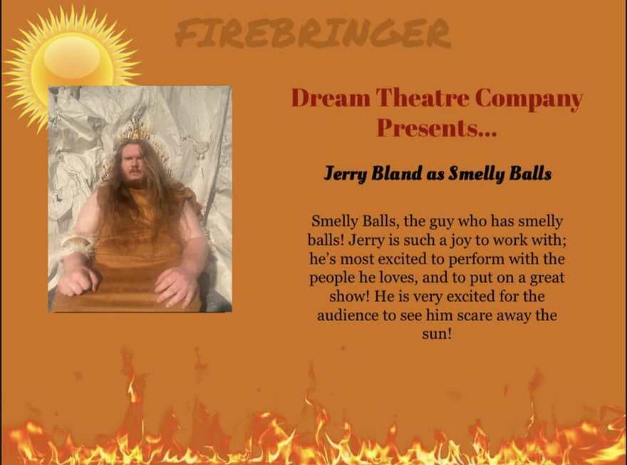 Firebringer cast announcement card for Smelly Balls, with his costume portrait