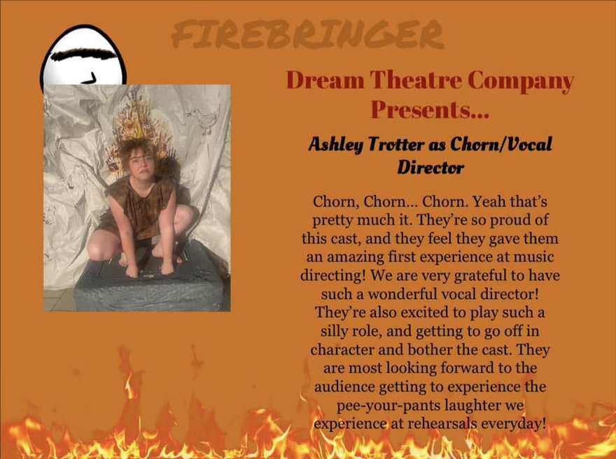 Firebringer announcement card for Chorn, also the show's vocal director, crouched in costume