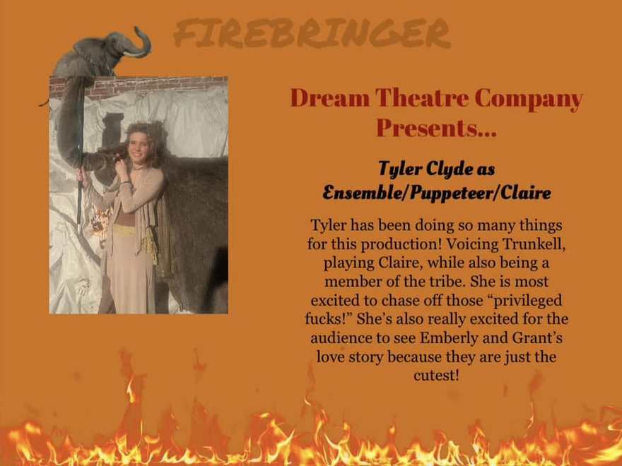 Firebringer cast announcement card for a tribe ensemble member and puppeteer, posed beside the woolly mammoth puppet