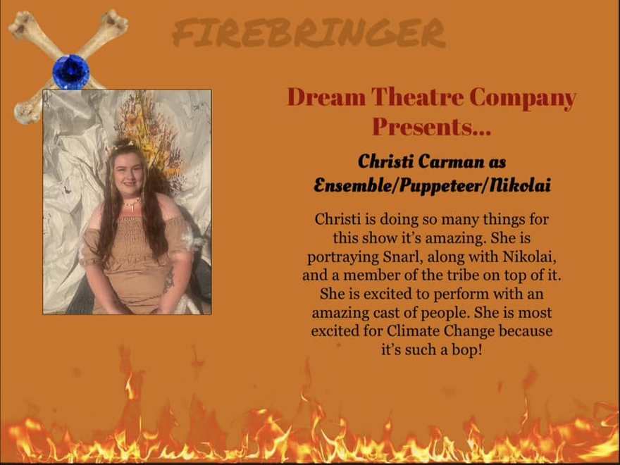 Firebringer cast announcement card for a tribe ensemble member and puppeteer, holding up a blue flower in her costume portrait