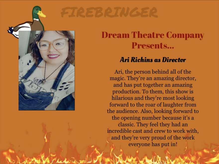Firebringer announcement card for the show's director, with her portrait