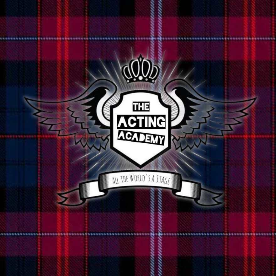 The Acting Academy logo — a winged shield crest with a crown on a red and navy plaid background, with the banner “All the world’s a stage”